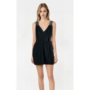 Aqua Black Beach cover-up Mini Dress sheer Beaded Shoulders V Neck Sz S